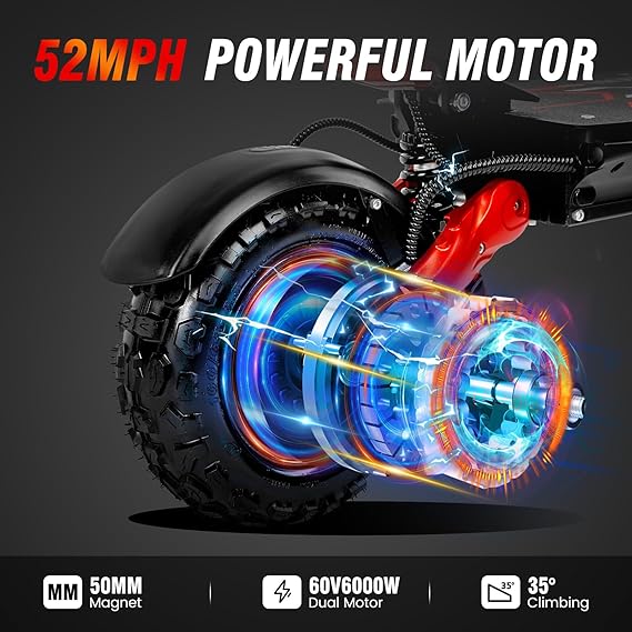 Electric Scooter with Seat for Adults, 60V 6000W Electric Scooters Adult 52mph with 1440WH Battery, Up to 50Miles Long Range, Dual Motor 11" Tubeless Off-Road Folding E-Scooter for Adults